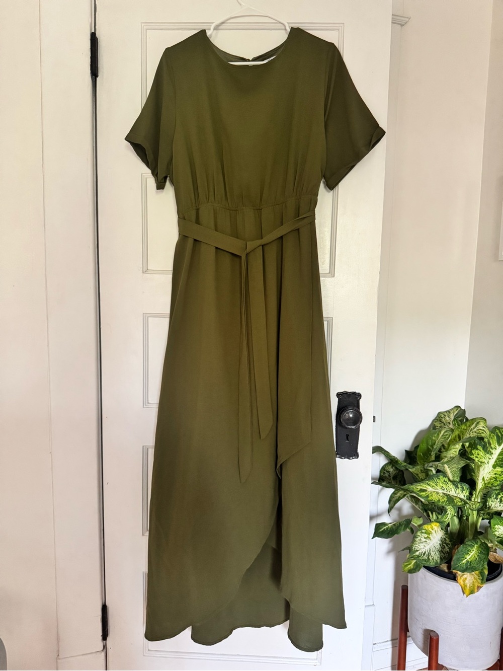 Olive Green Maxi Wrap Dress with Waist Tie